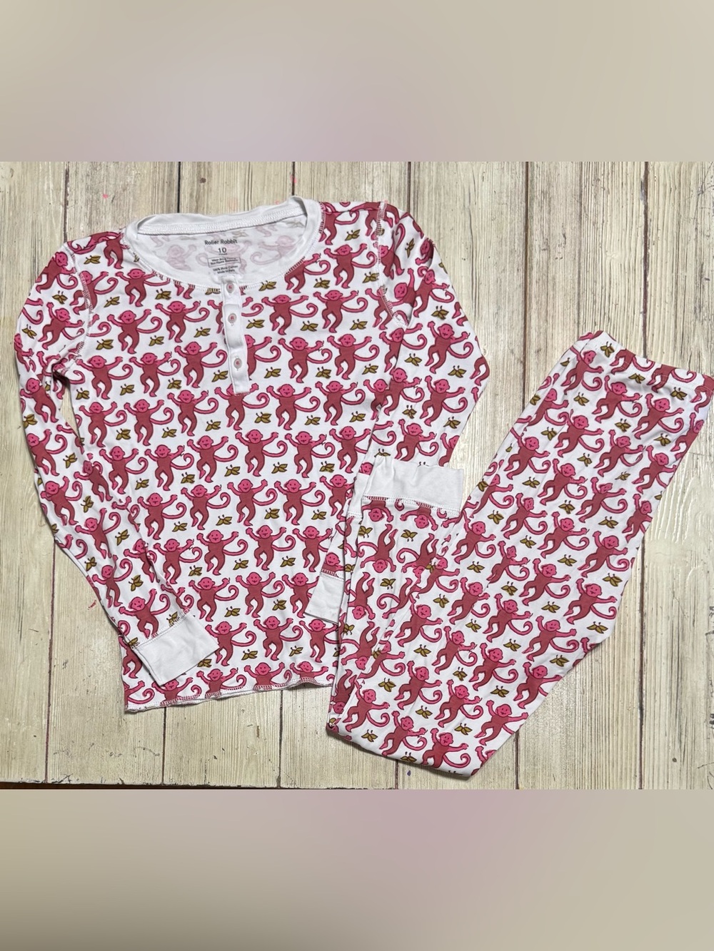 Roller Rabbit Kids pink monkey pajamas set Girls 10y Pima cotton